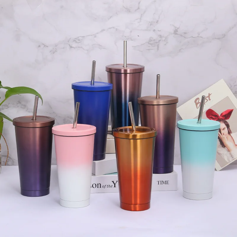 500ml Double Wall Stainless Steel Travel Mug With Straw Custom Logo