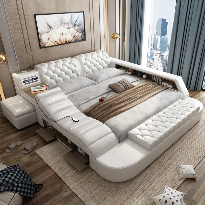 Customizable Multifunction Storage Bed With Massage Music Design Of Leather Bed Solid Wood Frame 