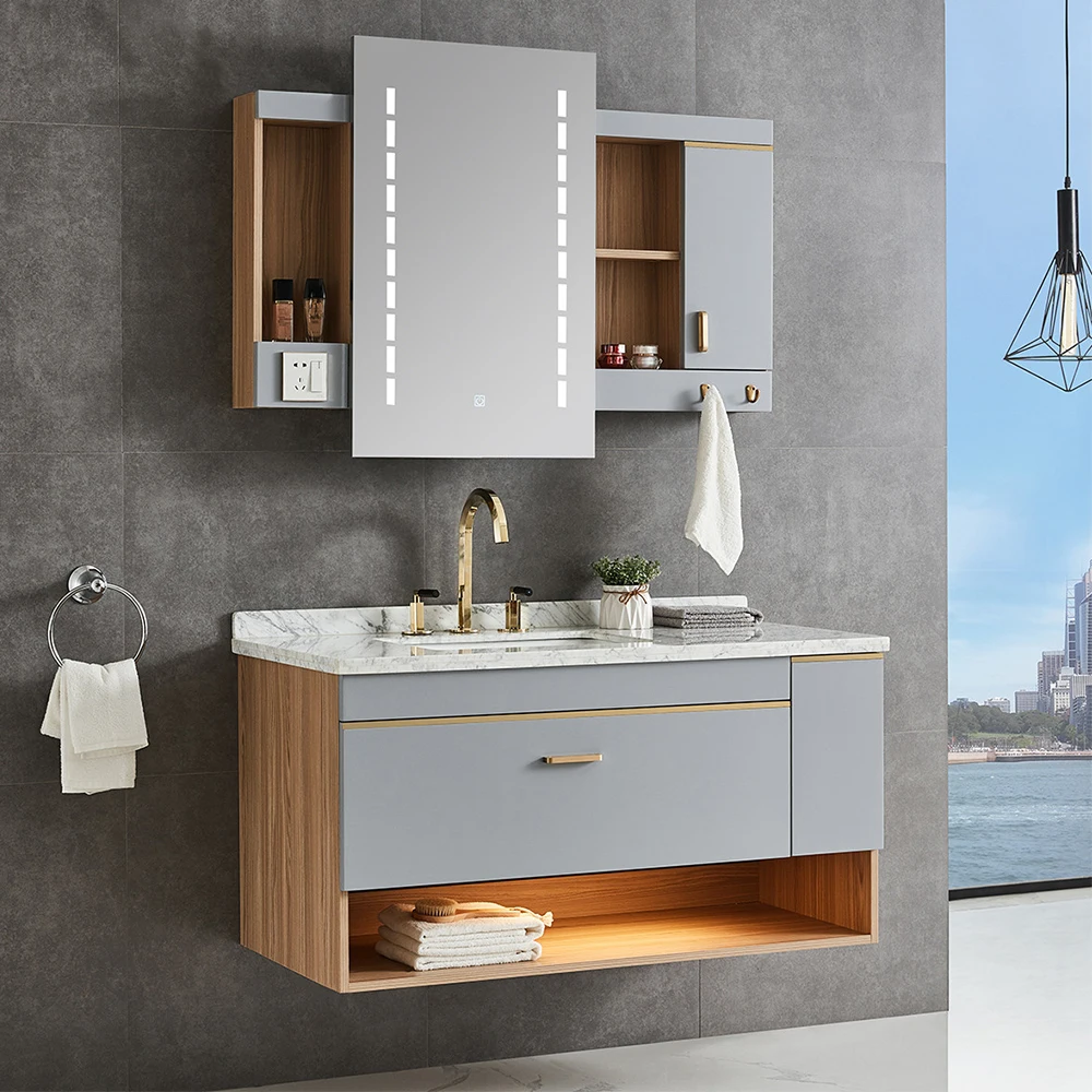 HS-BCV06 luxury bathroom furniture cabinet design led light mirror white bathroom vanity