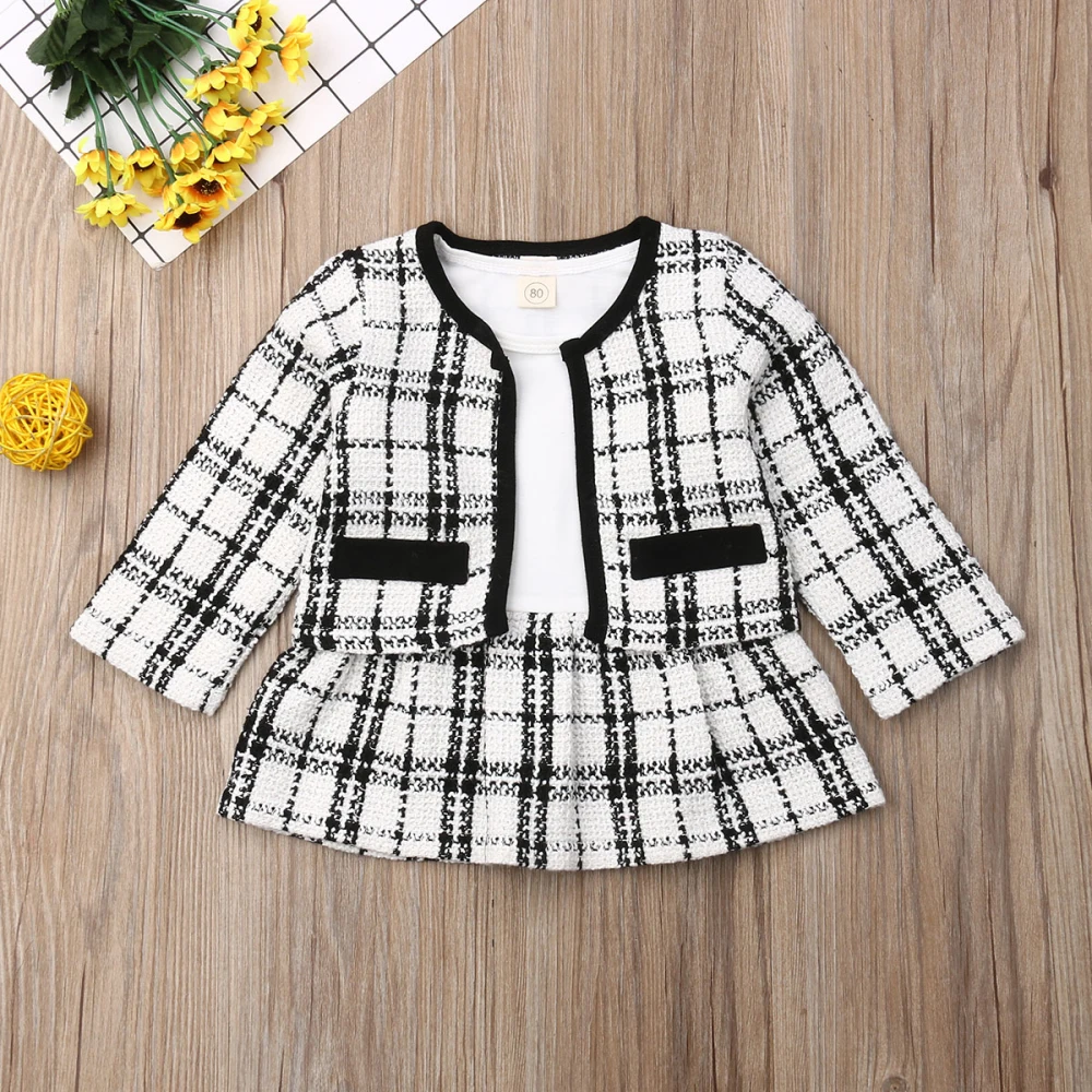 Autumn Winter Party Kids Clothes For Baby Girl Fashion Pageant Plaid Coat Tutu Dress Outfits Suit Toddler Girl Clothing Set