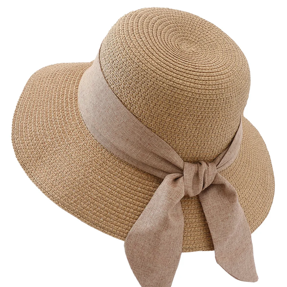 Women Sun Straw Hat Wide Brim Summer Big Bowknot Straw Hat Floppy Beach