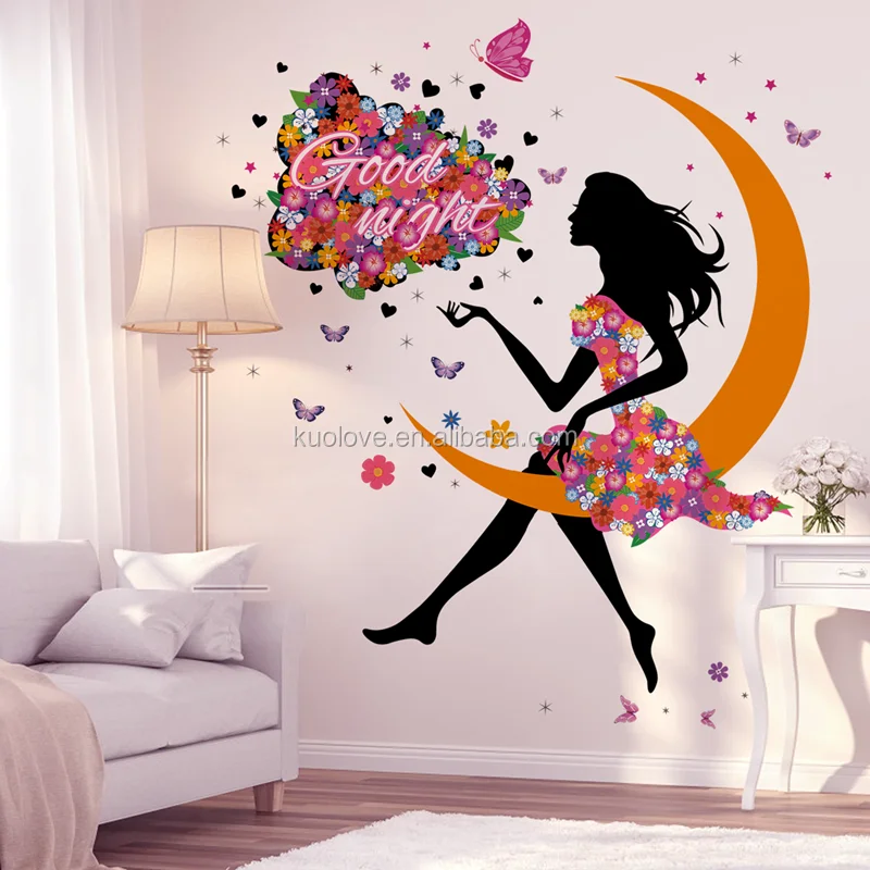 Fashion Beauty With Colorful Flowers Dress Wall Mural Elegant Women With  Moon Wall Stickers Good Night Wallpaper Cute Home Decor - Buy Fashion  Beauty With Colorful Flowers Dress Wall Mural,Elegant Women With
