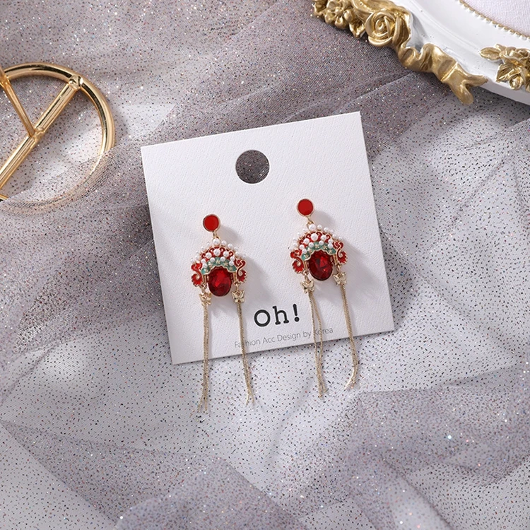 Traditional Peking Opera Chinese Earring Jewelry Red Enamel Crystal ...