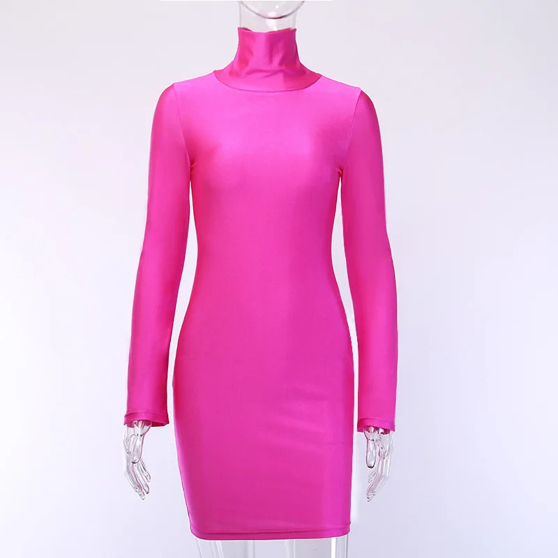 Best selling taobao dropshipping boutique fall clothing long sleeve neon pink dress