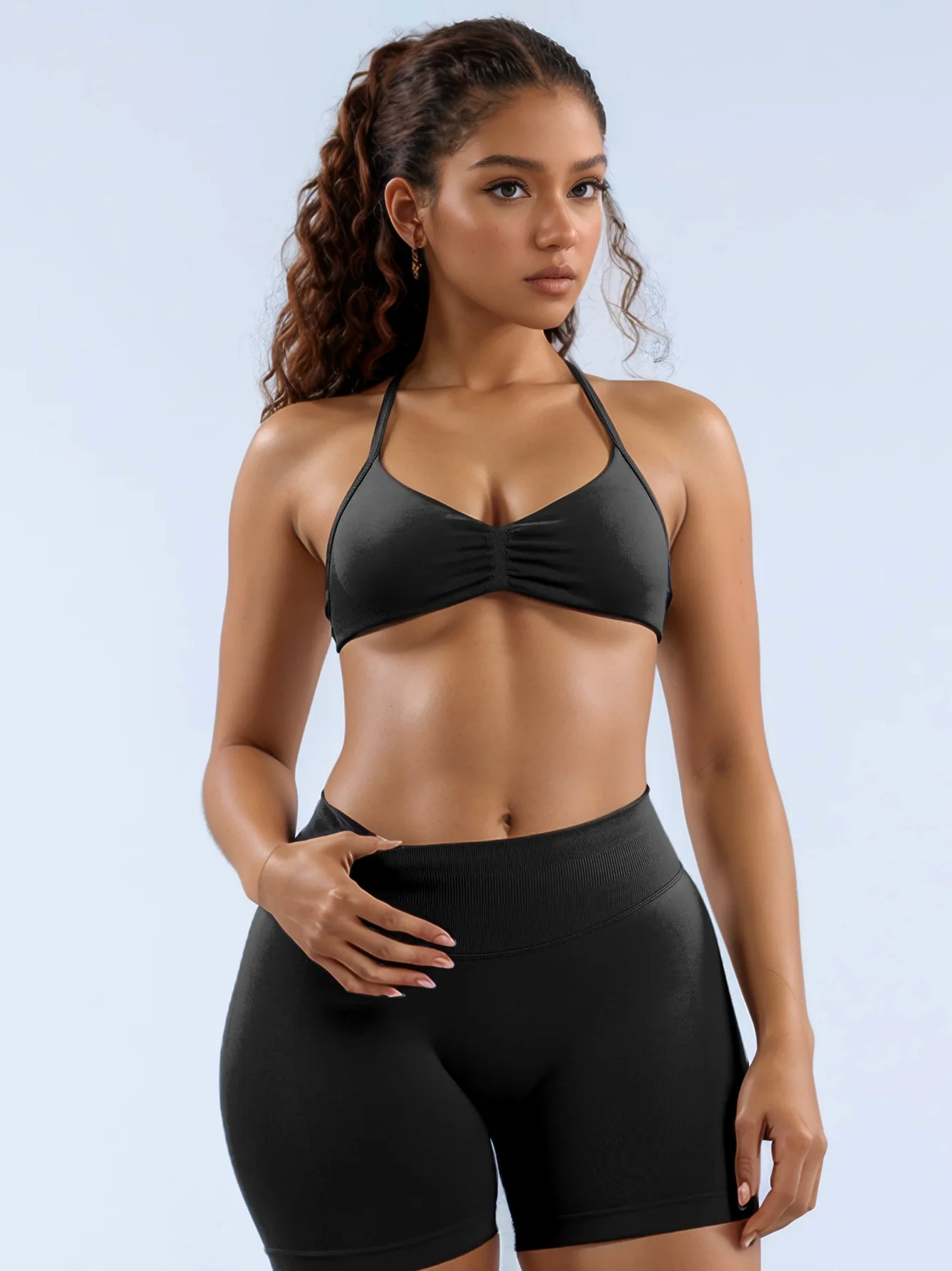 2 Seamless High-Elastic Nylon Halter-Neck Back-Slimming Bra High-Waist Butt-Lifting Pants Two-Piece
