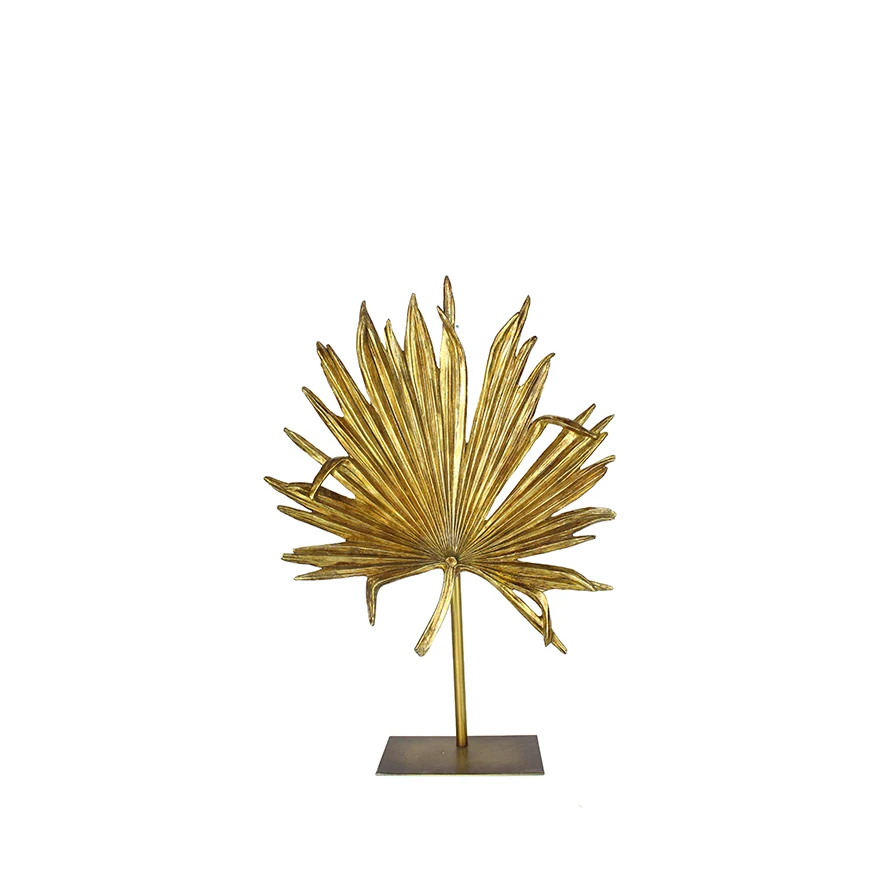 Create artificial resin palm leaf gold statue  handmade sculpture craft luxury home ornament hotel decoration details