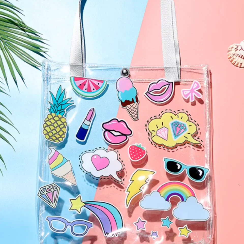 PVC Transparent Tote Bag Kit Love Letter Prints Clear Strip Fashion Design  Summer Beach Handbag For Women With Inner Small Purse