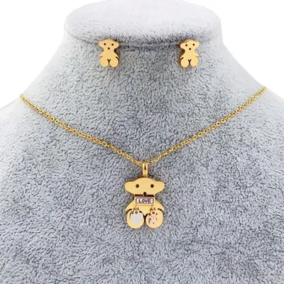 Woman New Sale Titanium steel Bear Pendant Stud Earrings Necklace Jewelry Sets