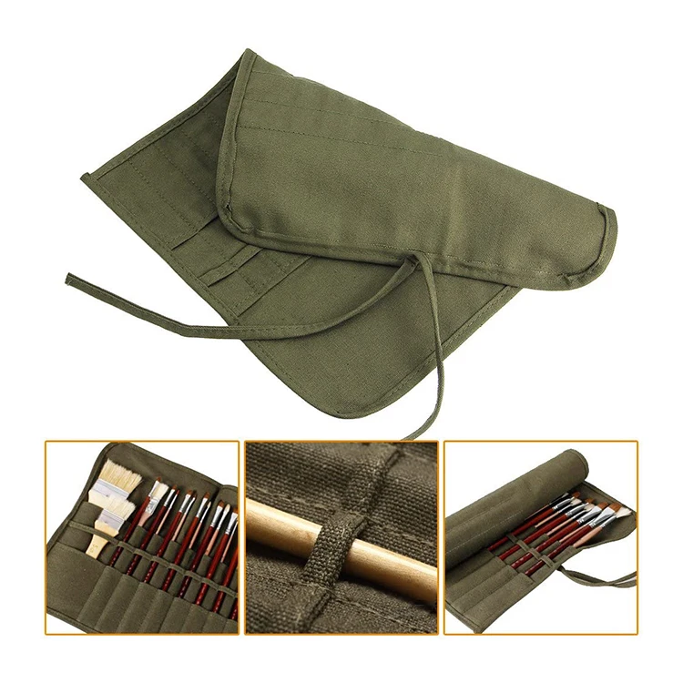 Custom Green Small Tool Pencil Accessory Bag Canvas Roll Up Artist