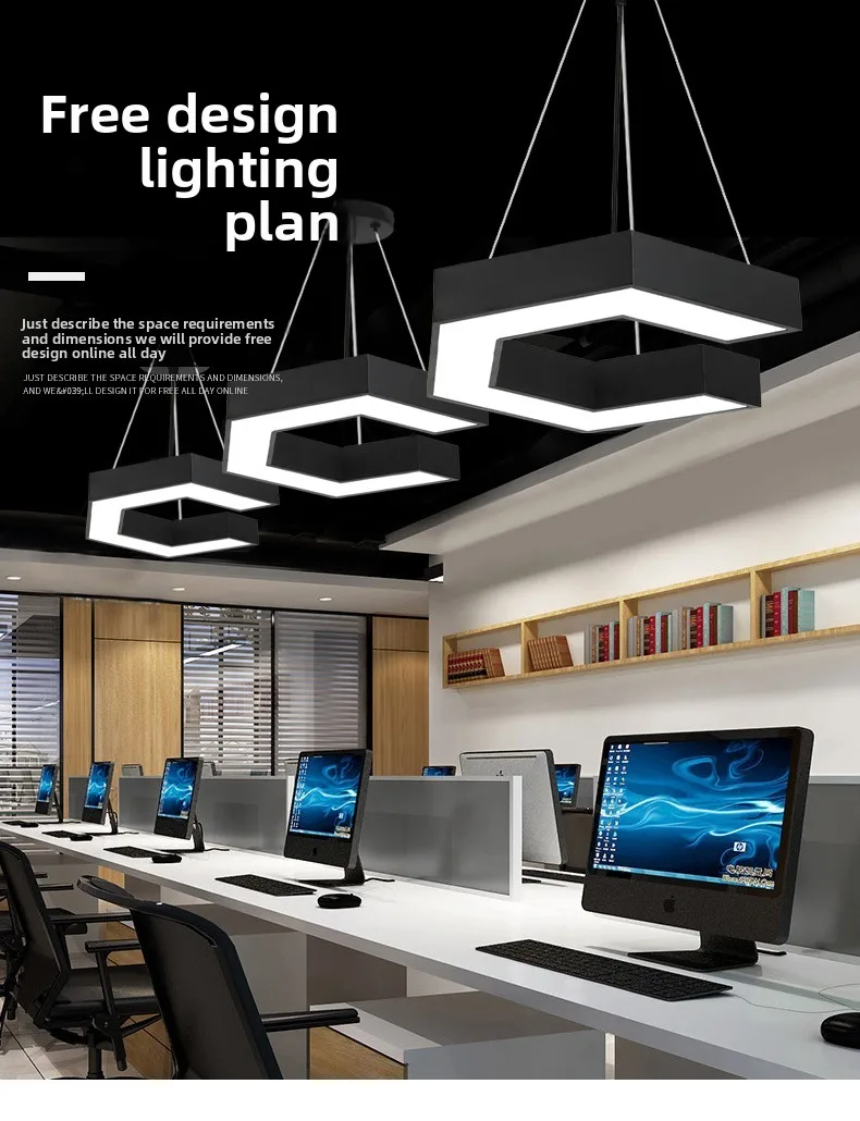 product creative shaped iron pmma hexagonal pendant light 6000k color temperature for office gym internet cafe mall industrial lighting-0