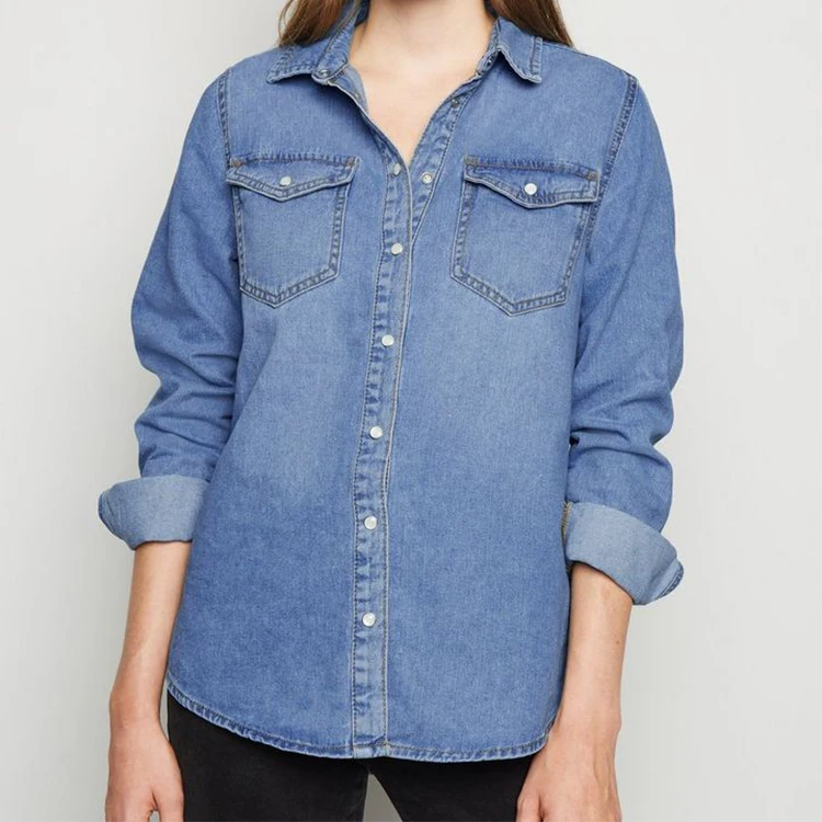 Blue Denim Long Sleeve Shirt in 100% Cotton for Women Custom with Chest Pockets