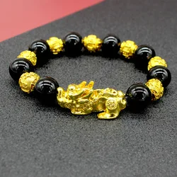 Black Obsidian Gold Plated Pixiu Bracelet Six Word Proverbs Buddha Beads Feng Shui Black Obsidian Wealth Bracelet