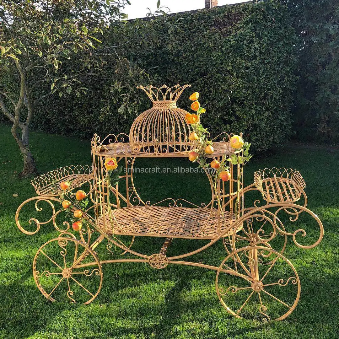 Amina Craft Outdoor Metal Flower Cart Wheels Decorative Cart White Gift