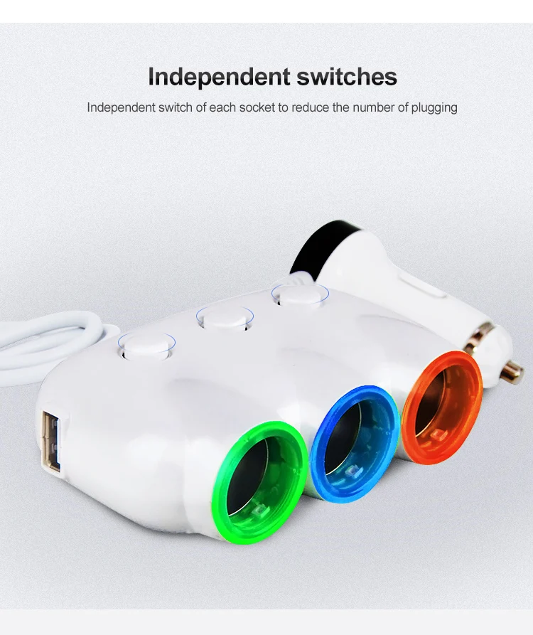 ABS 5V 3.1A Dual 2 USB 3 Cigar Cigarette Lighter Socket Car Charger Splitter Adapter With Two USB And 3 Switch Button