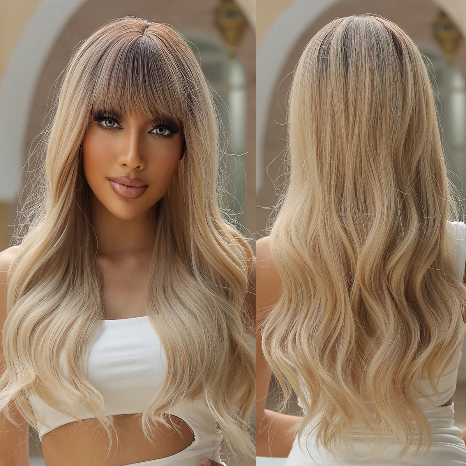 Wavy Long Ombre Blonde Wig with Bangs Medium Length Heat Resistant Synthetic EMMOR Ombre Blonde Wigs with Bangs - Long Wavy Layered  main image 3
