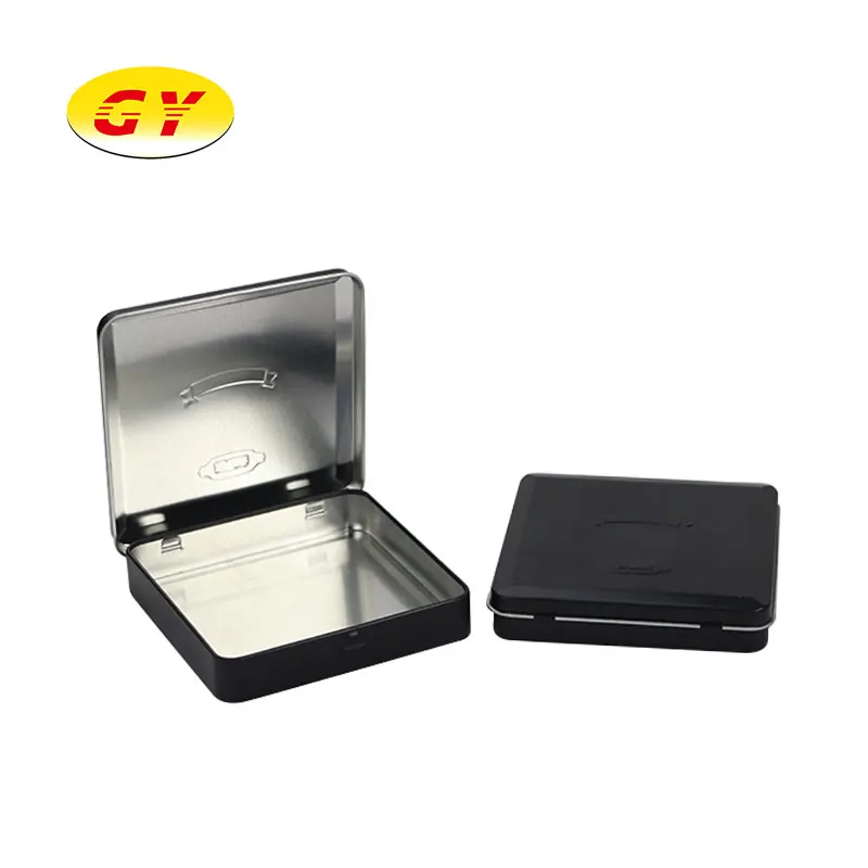 
Small square matte black cigarette SIM cards jewelry tin packaging with hinged lid 