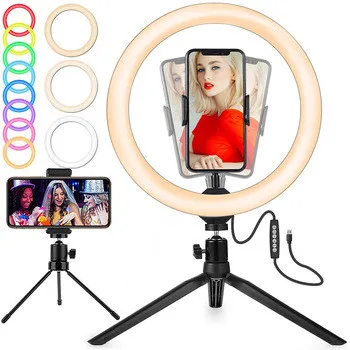 
Top RGB 6 8 10 Inch Phone Holder Dimmable Photography Lighting makeup Selfie stick Desktop led ring light With Tripod Stand 