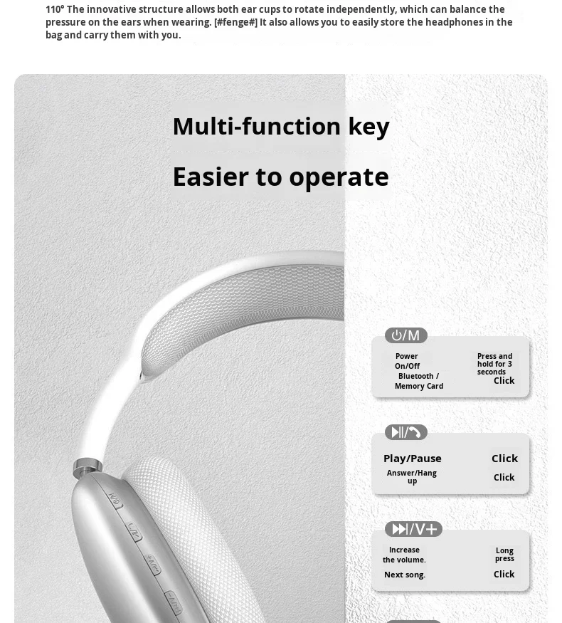 P9 Pro Max Over-Ear Noise-Canceling Wireless Earphones IPX3 Waterproof Type-C Charging LED Battery Indicator for 5.0