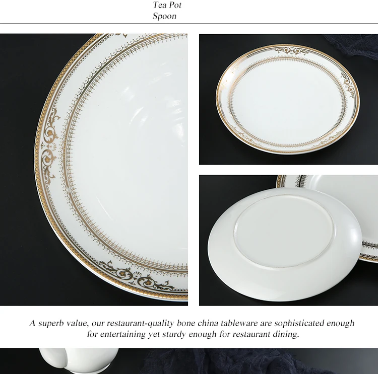 Fine Bone China Dinnerware Dinner Set With Embossed Gold Decal Dinnerware