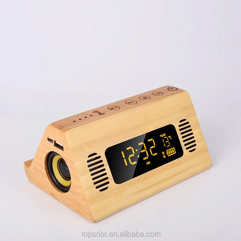 2019 new design power bank version wooden bluetooths speaker with alarm clock, wireless charger and LED TEMP display function - ANKUX.COM