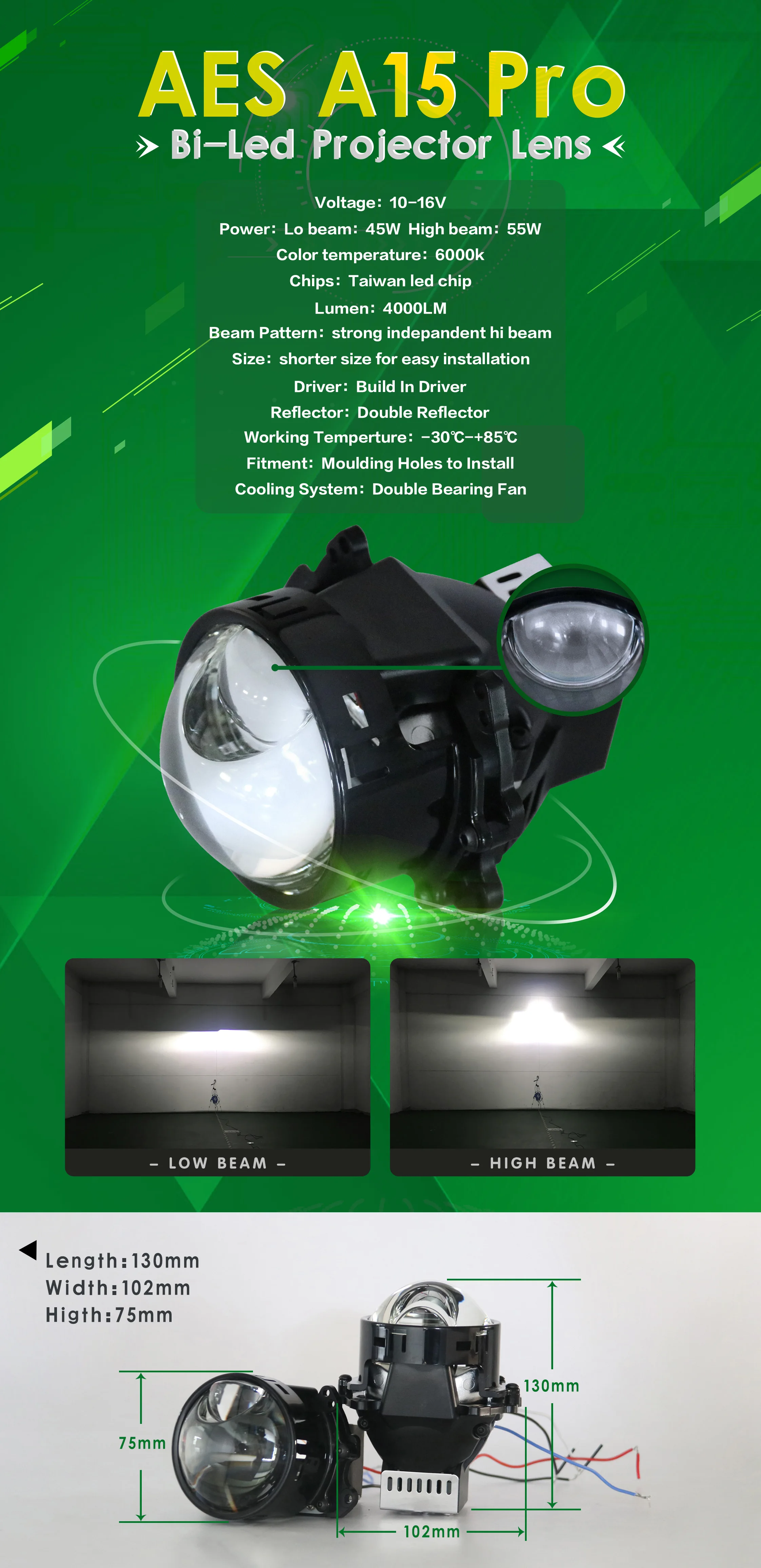 Aes 30inch A15 Bi Led Headlight With Hilow Beam 6000k 55w Super Bright Led Projector Lens Car 8310