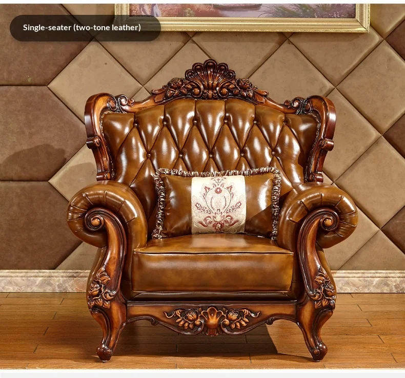 Luxury European Solid Wood Carving Leather Sofa Bed Set with Sponge ...