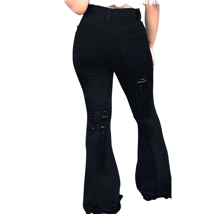 Fashion Streetwear Black Washed Ripped Bell Bottom Jeans Women Pants ...