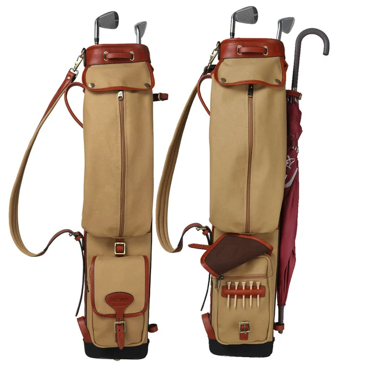 Golf Pencil Clubs Bag Carry Ball Staff Cart Case Canvas Leather Vintage