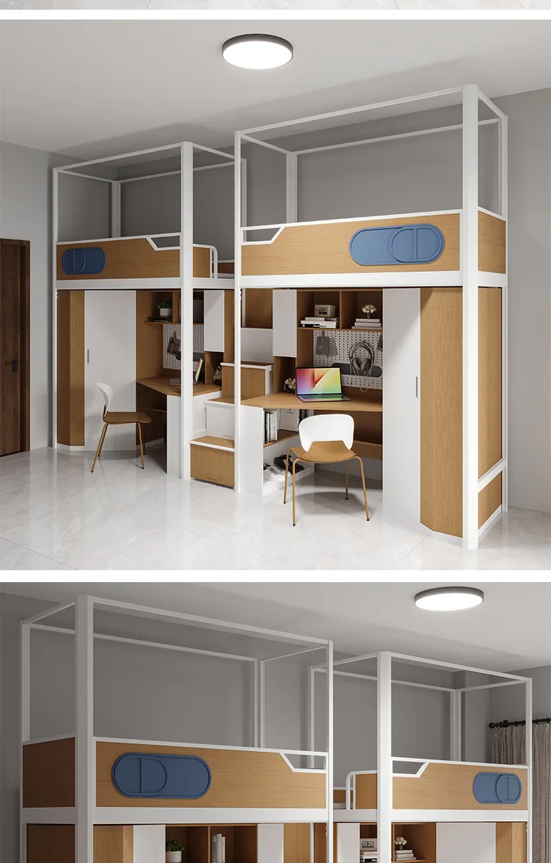 product custom free 3d design service iron upper bed and lower desk apartment dormitory metal frame bunk bed for students school-17
