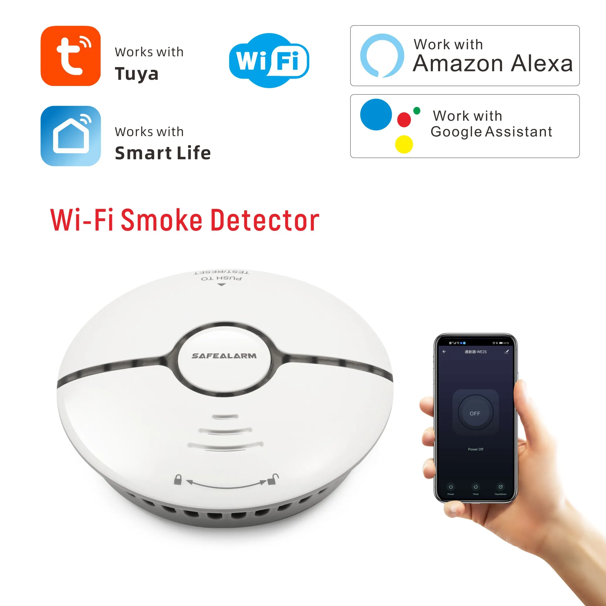 
WiFi/Standalone Smoke Alarm with Handphone Remote Monitoring, Tuya Smart LIfe Smoke Detector Alarm for Home Security 