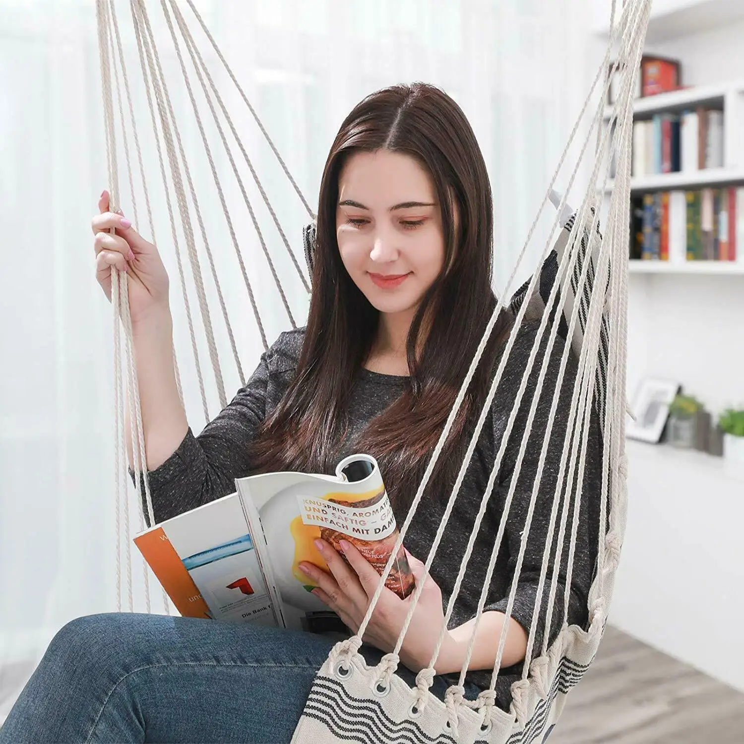 Outdoor Indoor Garden Hammock Macrame Hanging Swing Chair With Pillow