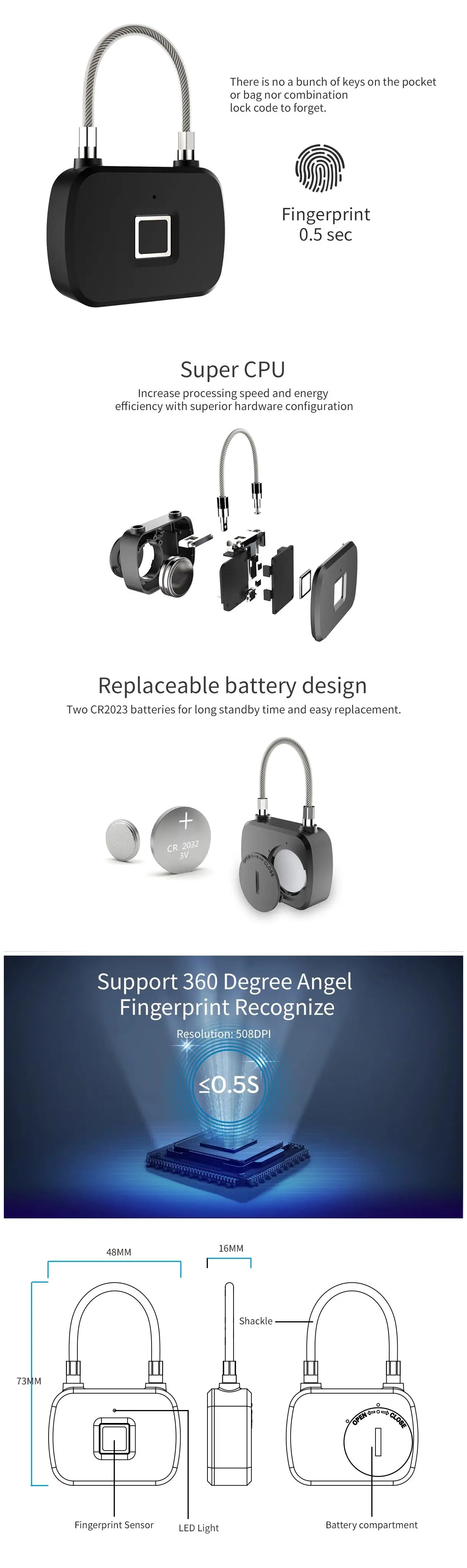 Hot sales L13 Vital Smart Fingerprint Padlock safe smart security portable digital padlock for Backpack Bike Home cabinet