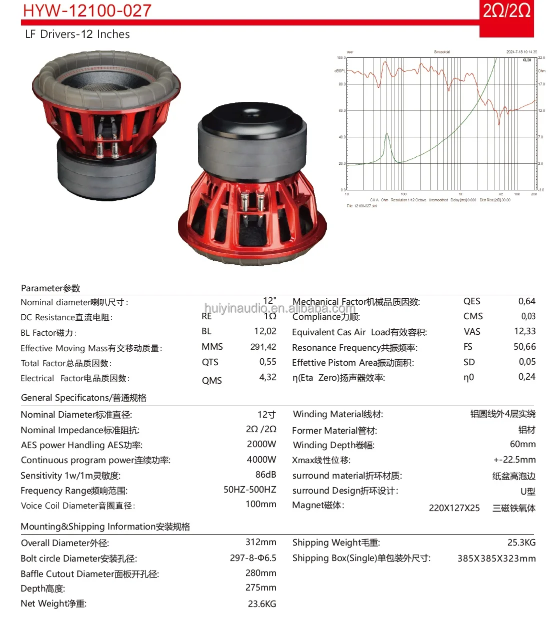 High-Performance 12-Inch HYW-12100-027-X Car Subwoofer: 2000W RMS, Triple Ferrite Magnets, Dual Coil, 86dB SPL for Enhanced Car Audio details