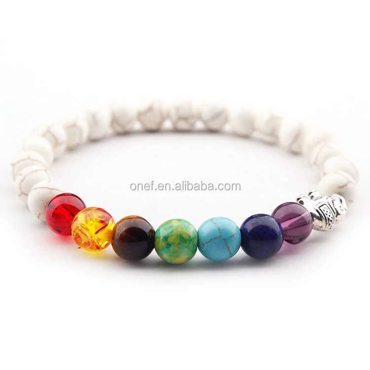 Free Shipping White Crystal Beaded Stretchy Turquoise Howlite Bangle 7 Chakra Elephant Bracelet With Logo.jpg