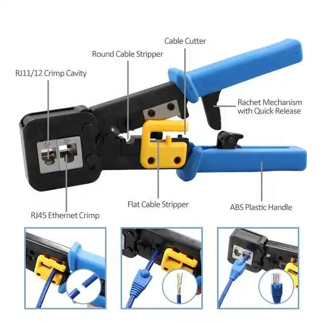 Rj45 Hand Crimp Tool Pass Through Crimper Ethernet Cable Connector Plug ...