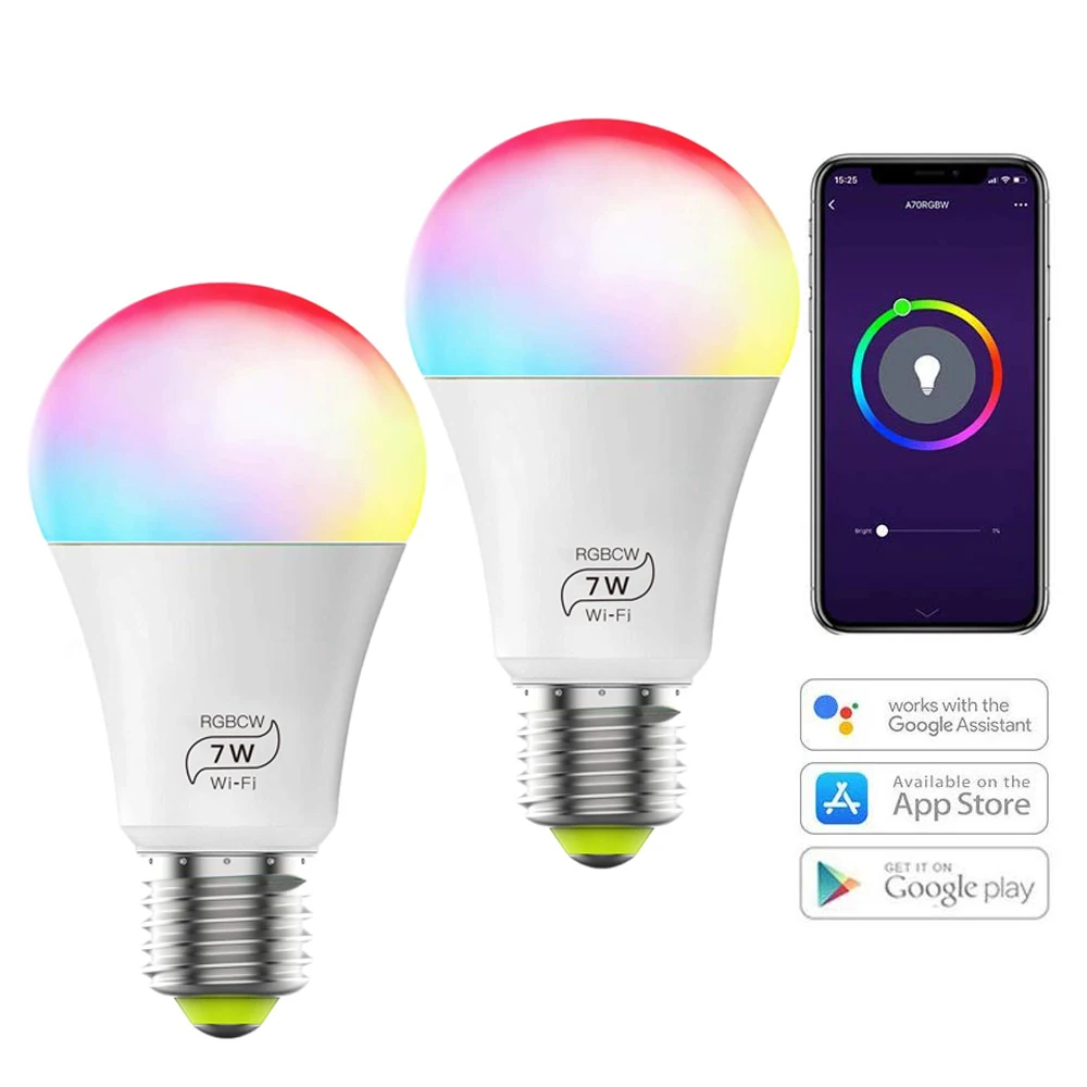 E27 Multicolor 60w Equivalent RGBCW 2700K-6500K 7W WiFi Smart Light Bulb Compatible with Phone Google Home and IFTTT