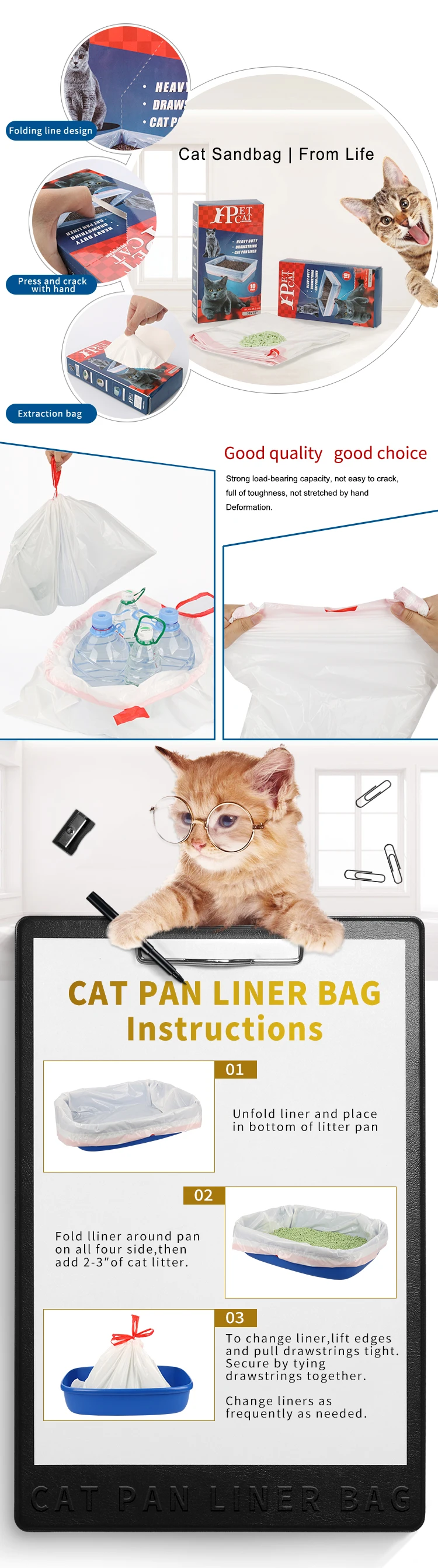 Litera perfumada Pan Box Liners, bolsos para arriba del lazo enorme limpio fácil para los gatos del animal doméstico