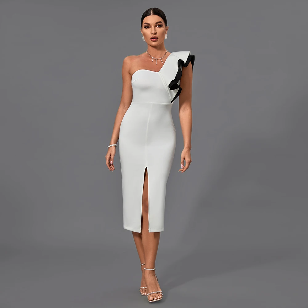 Ocstrade One Shoulder Double Lotus Ruffled Patchwork Contrast Color Bodycon Formal Evening Going Out Bandages Dress For Ladies