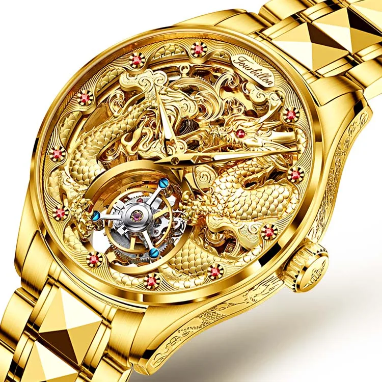 Wholesale OUPINKE 3176 luxury gold mens mechanical watch authentic Steel Strap dragon transparent in stock automatic tourbillon watch From