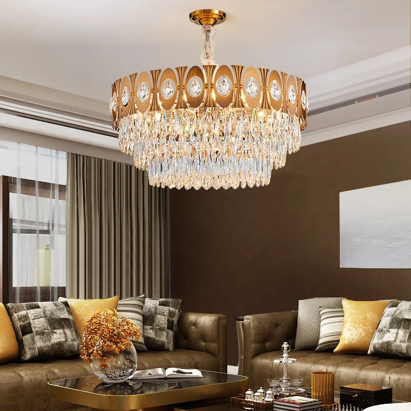 Manufacturer european modern hotel gold round big crystal iron luxury ceiling LED chandelier