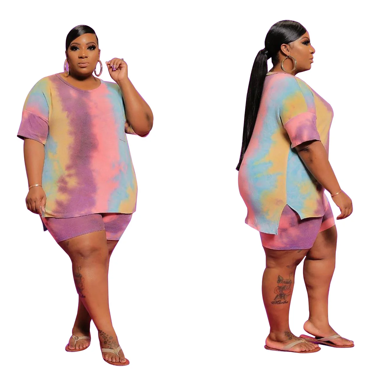 Foma Clothing YF1276 hot selling plus size XL-5XL autumn Fall 2020 loose printed T-shirt + shorts women's 2-piece pants set