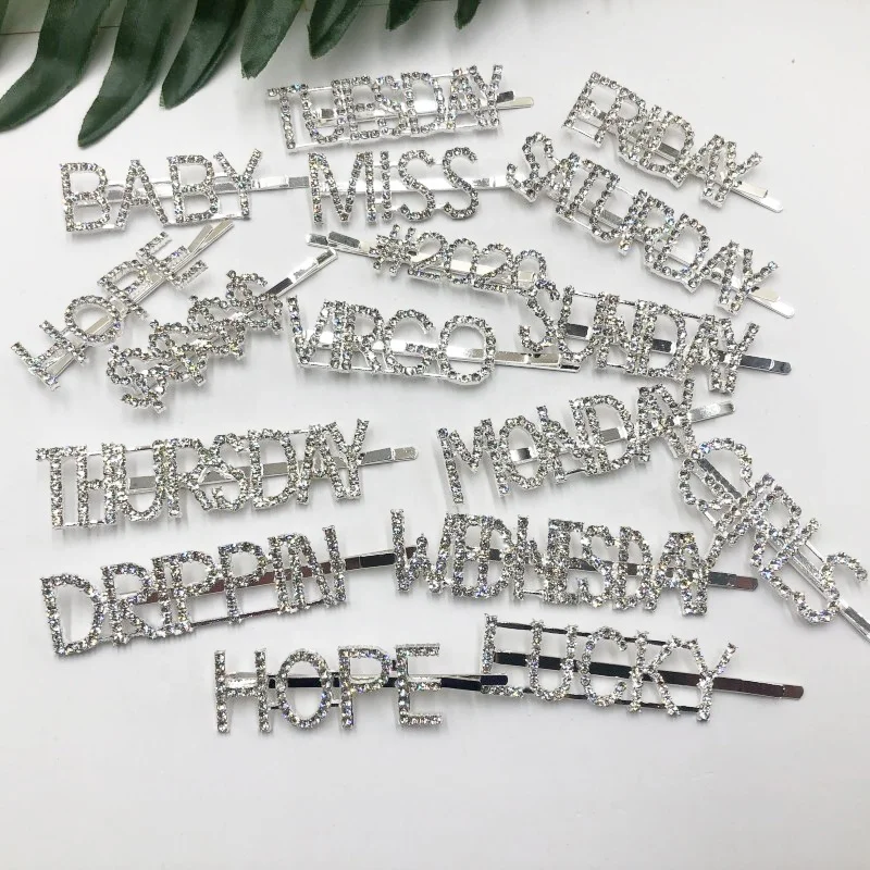 Diamond grinding pins virgin hair clips silver color for human hair english letter rhinestones clips long shape golden pins.jpg