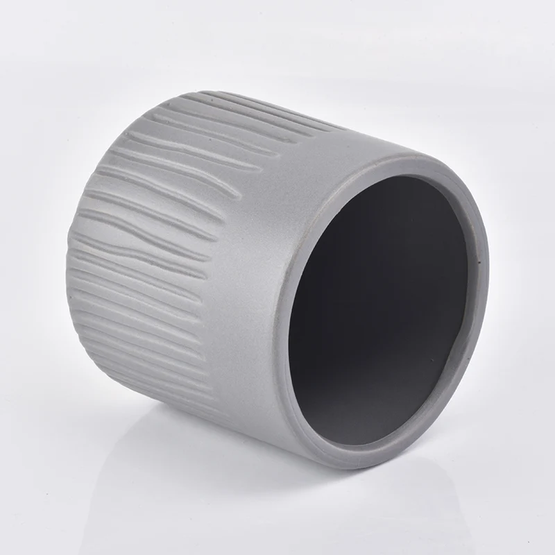 17oz Matte Grey Stripes Ceramic Candle Holder Stoneware Jar Home Decoration