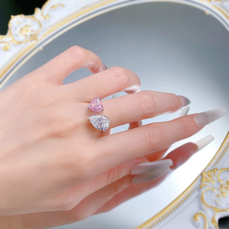 2025 Open Ring High Carbon Diamond Water Drops Ice Flower Cut White Diamond Pink Diamond Raydean Rhodium Plated