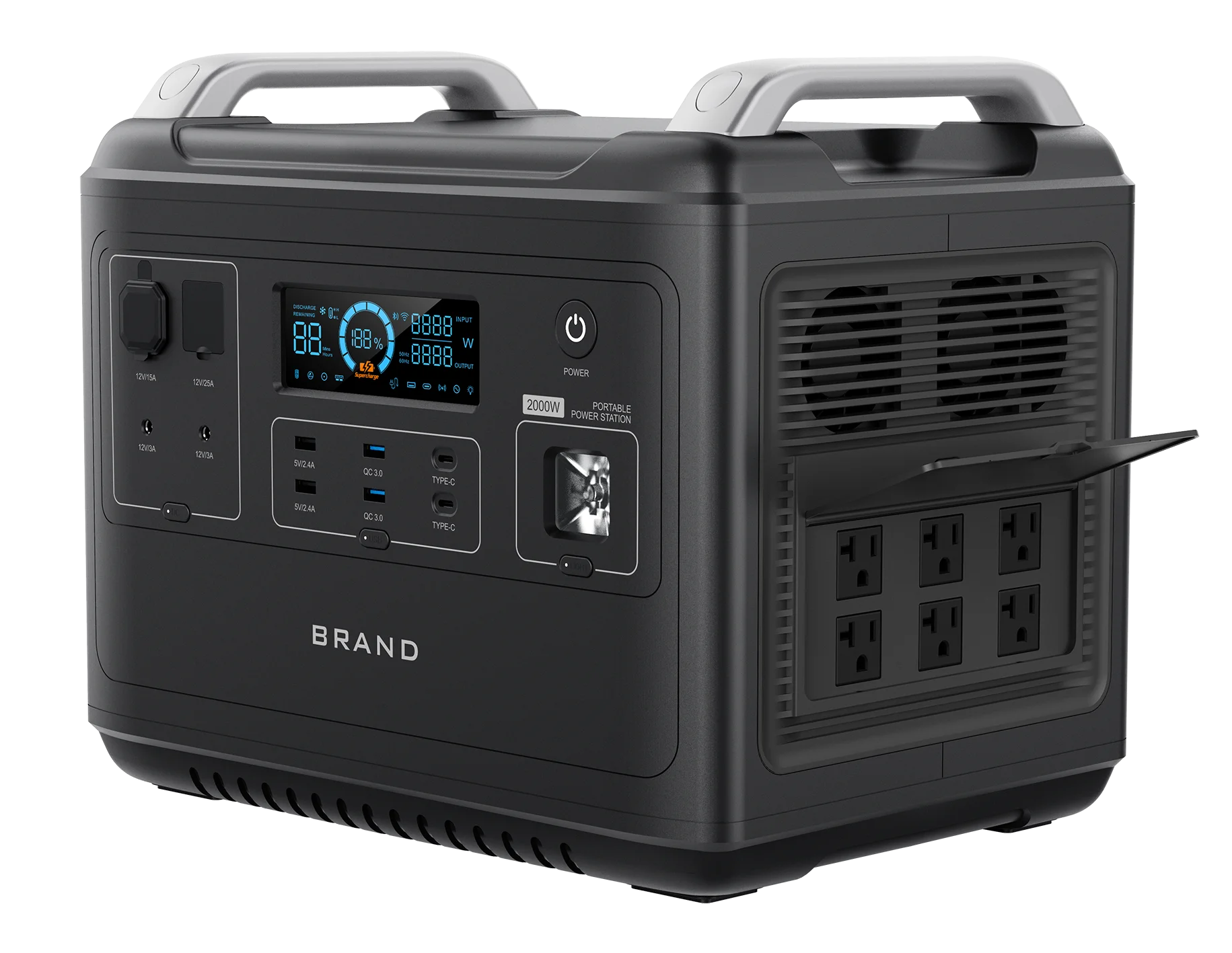 2000W portable power station with AC outlets, USB-C PD, and LCD display