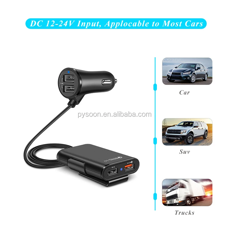 Shenzhen Factory Fast Charging 4 Ports USB QC 3.0 Car Charger with 1.8m Extension Cable