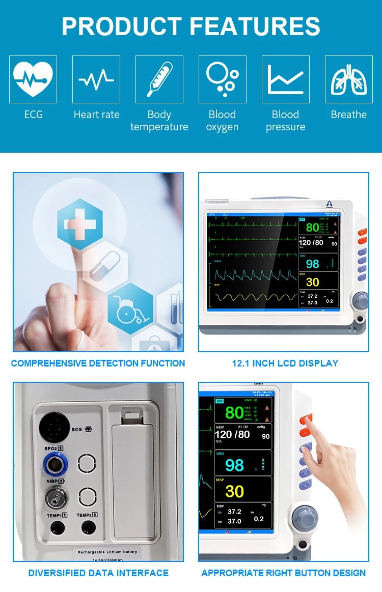Hospital Equipment Medical Machine 12.1 Inch Patient Vital Signs Monitor With Stand Cardiac