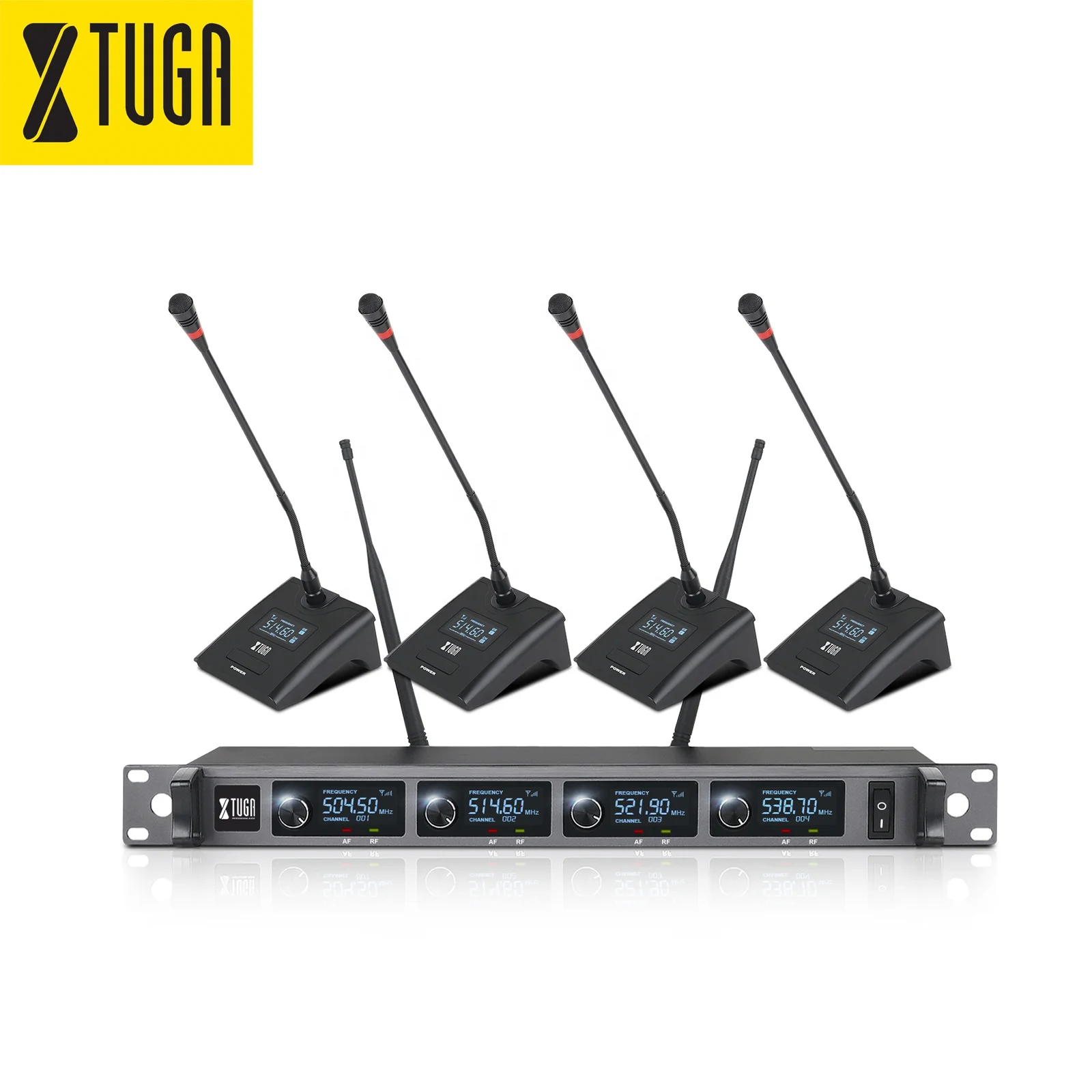 Xtuga A140 Uhf Professional 4 Channel Desktop Gooseneck Cordless Mic System  Conference Wireless Microphone