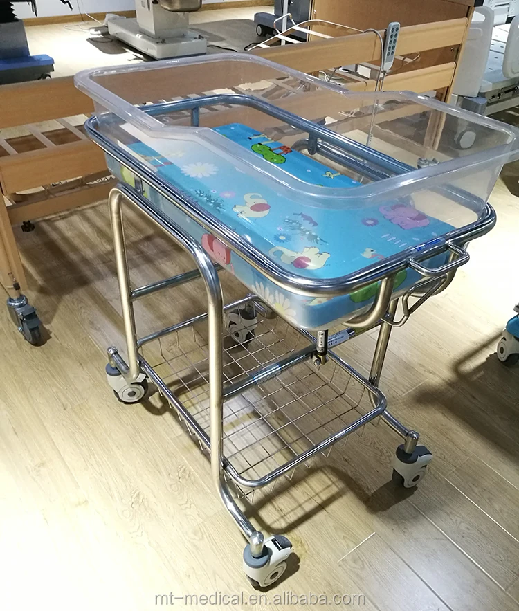 Hospital stainless steel Steel Coating Baby Cart Infant Bed Baby Cot Baby Trolley With Wheels