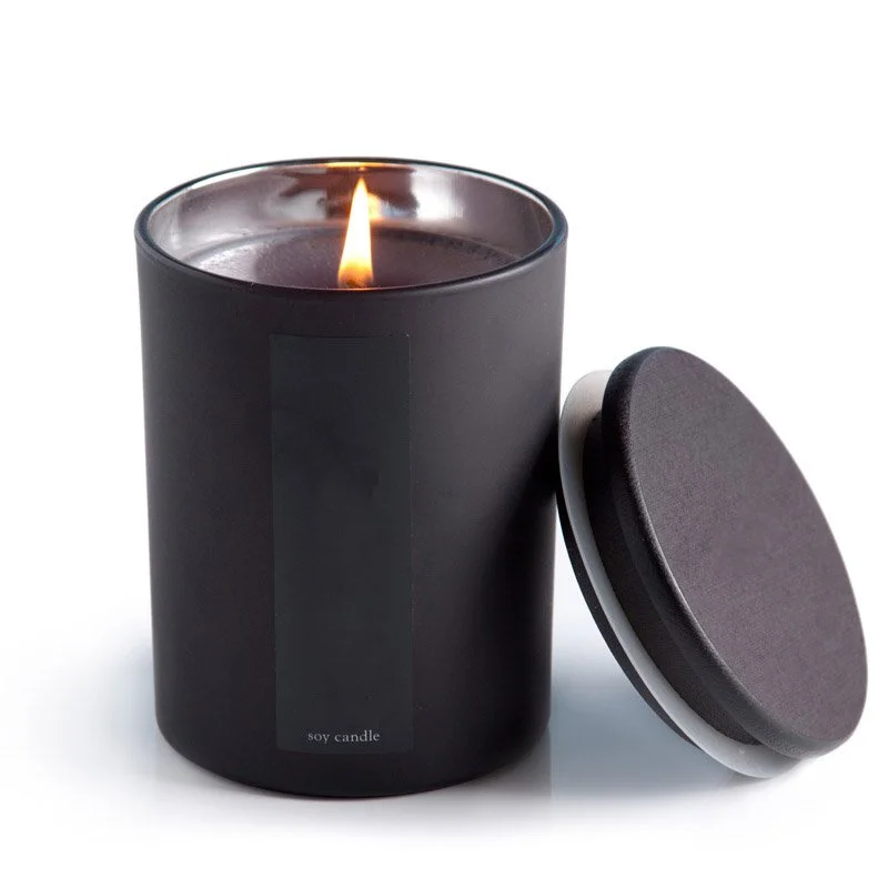 Decorative Aroma Luxury Personalized Black Glass Wood Wick Scented Soy